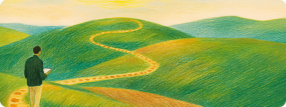 A person walking a winding path across green hills toward the horizon